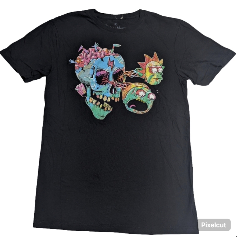 Rick & Morty Adult Swim Black Graphic T-Shirt with Colorful Skull Design NWOT